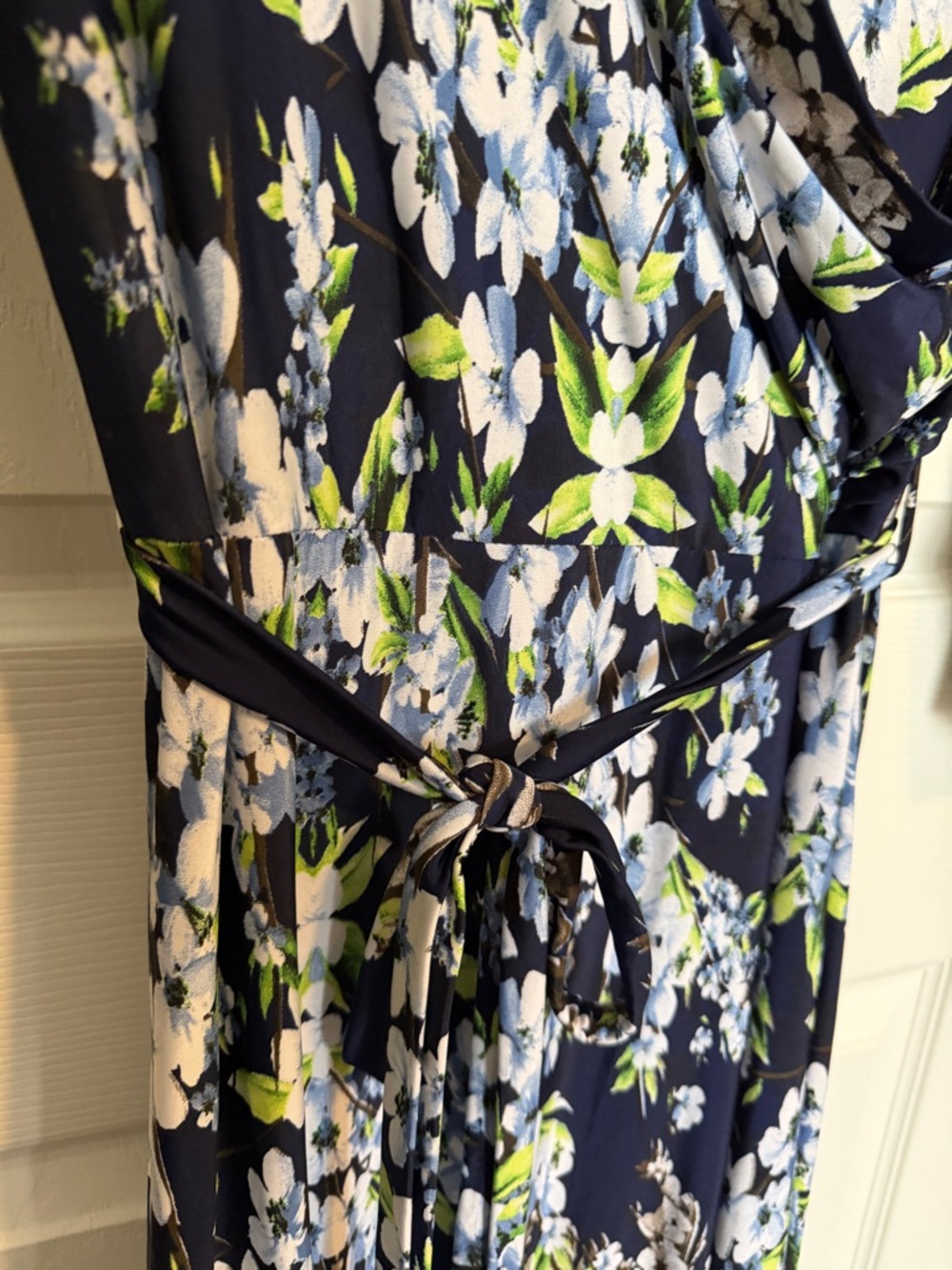 Tua Navy Garden Whimsy Floral Wrap Maxi Dress Size L Boho Long Sleeve Tie Waist - Picture 3 of 6